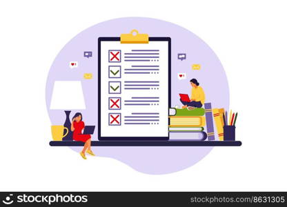 Survey of customer satisfaction. Piece of paper with ticks and crosses. Small people characters fill out a form. Vector illustration. Flat style.