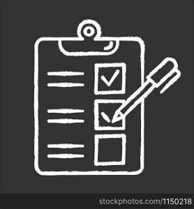 Survey questionnaire form chalk icon. Checklist. Customer service rating, review. Feedback. Evaluation. Social research. Data collection. Sociology. Isolated vector chalkboard illustration