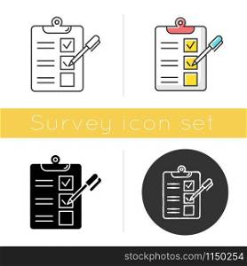Survey questionnaire form icon. Checklist. Customer service rating, review. Feedback. Evaluation. Social research. Glyph design, linear, chalk and color styles. Isolated vector illustrations
