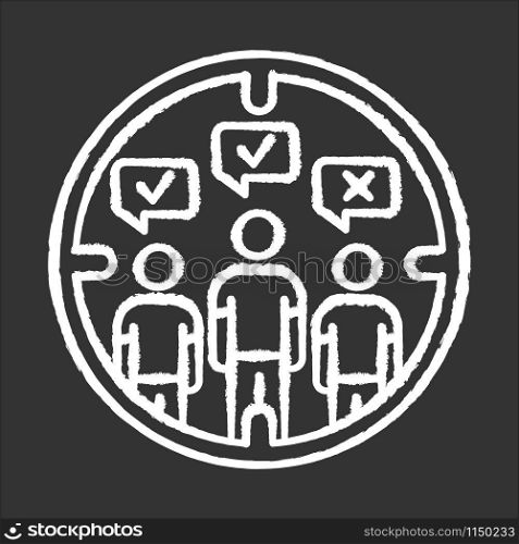 Survey target audience chalk icon. Public opinion. Focus group. Research. Customer satisfaction, review. Feedback. Data collection. Sampling. Sociology. Isolated vector chalkboard illustration