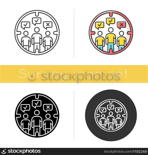 Survey target audience icon. Public opinion. Focus group. Research. Customer satisfaction, review. Feedback. Evaluation. Glyph design, linear, chalk and color styles. Isolated vector illustrations