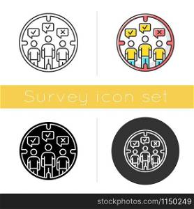 Survey target audience icon. Public opinion. Focus group. Research. Customer satisfaction, review. Feedback. Evaluation. Glyph design, linear, chalk and color styles. Isolated vector illustrations