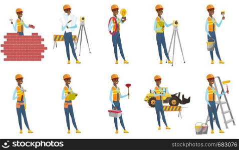 Surveyor builder holding clippboard and working with theodolite. Young surveyor builder standing near theodolite transit equipment. Set of vector flat design illustrations isolated on white background. Vector set of builder characters.