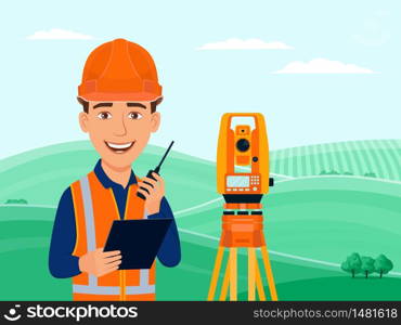 Surveyor, cadastral engineer, cartographer, cartoon smile character, theodolite, total station, surveying equipment. Summer landscape with green hills, fields and trees. Vector flat illustration.