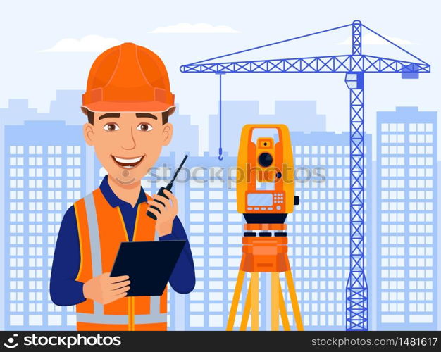 Surveyor, cadastral engineer, cartographer, cartoon smile character with total station and measurements equipment. City view, houses, construction crane. Vector flat illustration.
