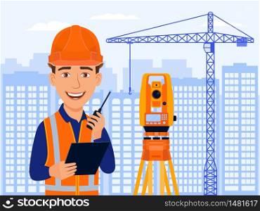 Surveyor, cadastral engineer, cartographer, cartoon smile character with total station and measurements equipment. City view, houses, construction crane. Vector flat illustration.