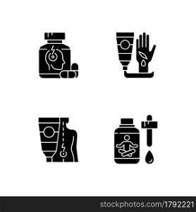 Survival first aid kit black glyph icons set on white space. Pills for headache. Healing ointment for cuts. Treat back pain. Sedative drops. Silhouette symbols. Vector isolated illustration. Survival first aid kit black glyph icons set on white space