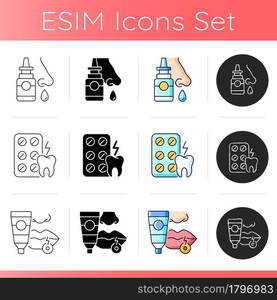 Survival first aid kit icons set. Nasal spray. Painkillers. Cream for cold sore. Analgesic medicine. Antiviral ointment. Cold relief. Linear, black and RGB color styles. Isolated vector illustrations. Survival first aid kit icons set