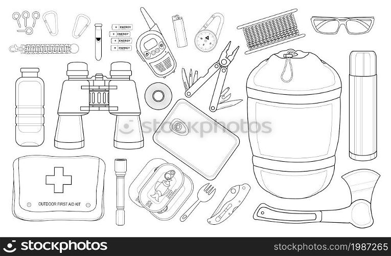 Survival set. Tourism isolated vector items. Contour. Survival items set. Contour