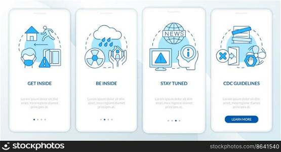 Survive during nuclear explosion blue onboarding mobile app screen. Walkthrough 4 steps editable graphic instructions with linear concepts. UI, UX, GUI template. Myriad Pro-Bold, Regular fonts used. Survive during nuclear explosion blue onboarding mobile app screen