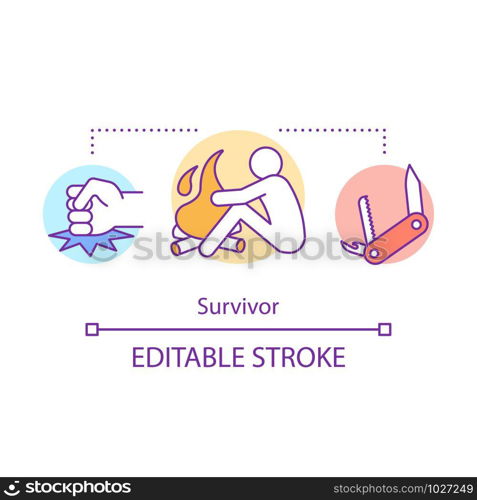 Survivor concept icon. Remaining alive idea thin line illustration. Rest near bonfire. Travelling in extreme conditions. Adventurous traveler. Vector isolated outline drawing. Editable stroke