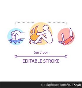 Survivor concept icon. Remaining alive idea thin line illustration. Rest near bonfire. Travelling in extreme conditions. Adventurous traveler. Vector isolated outline drawing. Editable stroke