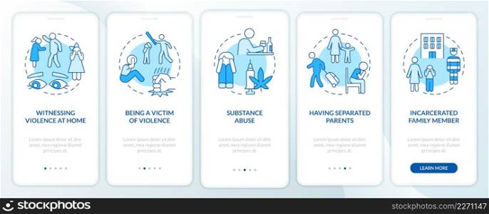 Survivors of childhood trauma blue onboarding mobile app screen. Walkthrough 5 steps graphic instructions pages with linear concepts. UI, UX, GUI template. Myriad Pro-Bold, Regular fonts used. Survivors of childhood trauma blue onboarding mobile app screen
