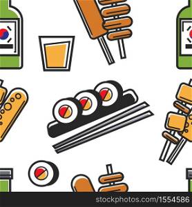 Sushi and deep fried fast food soju drink Korean food seamless pattern street meals on stick or skewer alcohol beverage and rolls with chopsticks endless texture travel to Korea wallpaper print.. Korean food sushi and deep fried fast food soju drink