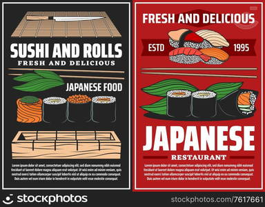 Sushi and rolls of Japanese cuisine, vector Asian food. Fish and rice nigiri, hosomaki rolls and temaki, chopsticks, sushi stand, bamboo mat and knife, restaurant or bar posters design. Sushi and rolls, Japanese cuisine and Asian food