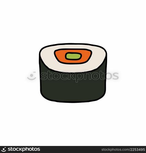 Sushi and rolls on a white background. Vector icon in doodle style. National Japanese food.