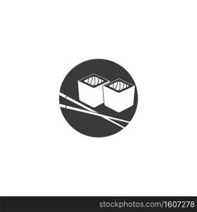 Sushi and rolls with chopstick bar or restaurant vector logo template. Japanese or chinese traditional cuisine, tasty food icon.