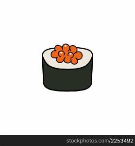 Sushi and rolls with red caviar. Traditional Japanese food. Vector illustration in doodle style.