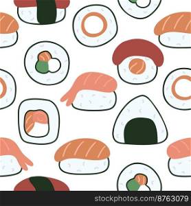 Sushi and sashimi background. Seamless pattern Asian food. Traditional Japanese dish. Print food for packaging design, paper, textile vector illustration