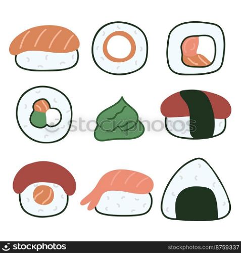 Sushi and sashimi set simple illustration. Asian food vector. Dish traditional japanese cuisine rice with fish and seafood in seaweed. Sushi and sashimi set simple illustration. Asian food vector