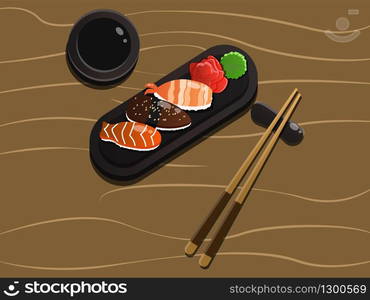 Sushi asian fish food realistic set with plate chopsticks and spices isolatedon a wooden background vector illustration. Concept design of the invitation sushi restaurant.. Sushi asian fish food realistic set with plate chopsticks and spices