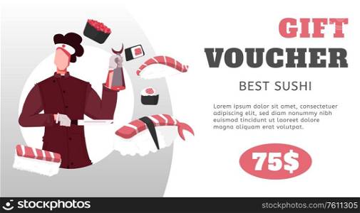 Sushi banner with flat composition of editable text gift voucher amount and images of asian food vector illustration