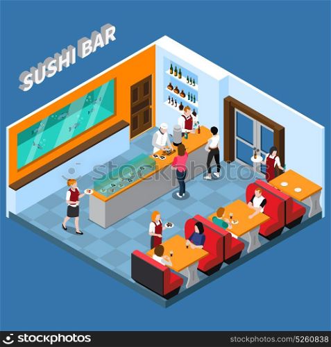 Sushi Bar Isometric Illustration. Sushi bar with staff and clients food and beverages interior elements on blue background isometric vector illustration