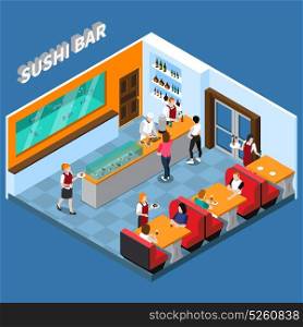 Sushi Bar Isometric Illustration. Sushi bar with staff and clients food and beverages interior elements on blue background isometric vector illustration