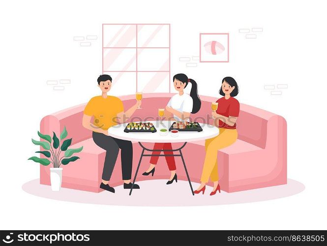 Sushi Bar Japan Asian Food or Restaurant of Sashimi and Rolls for Eating with Soy Sauce and Wasabi in Template Hand Drawn Cartoon Flat Illustration