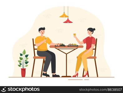Sushi Bar Japan Asian Food or Restaurant of Sashimi and Rolls for Eating with Soy Sauce and Wasabi in Template Hand Drawn Cartoon Flat Illustration