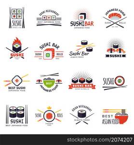 Sushi bar labels. Japan traditional seafood sushi rolls from salmon and rice recent vector illustrations for restaurant menu templates eating with chopsticks. Roll bar oriental seafood, menu label. Sushi bar labels. Japan traditional seafood sushi rolls from salmon and rice recent vector stylized illustrations for restaurant menu templates eating with chopsticks