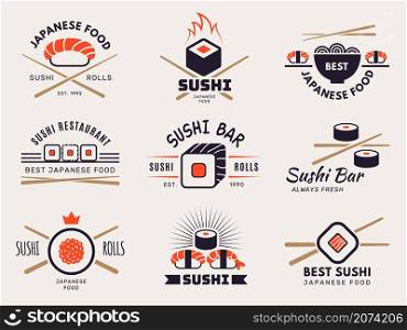 Sushi bar logo. Badges graphic templates with stylized illustrations of seafood for asian traditional kitchen restaurant menu pictures recent vector japanese oriental. Badge sticker sushi bar logo. Sushi bar logo. Badges graphic templates with stylized illustrations of seafood for asian traditional kitchen restaurant menu pictures recent vector japanese oriental