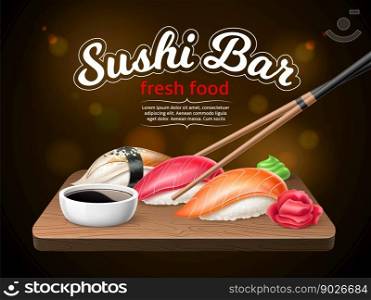 Sushi bar poster. Realistic sushi, japanese traditional food, boiled rice and fresh fish, nori seaweed, salmon and tuna, 3d isolated elements, marketing banner, restaurant menu utter vector concept. Sushi bar poster. Realistic sushi, japanese traditional food, boiled rice and fresh fish, nori seaweed, salmon and tuna, 3d isolated elements, marketing banner, utter vector concept