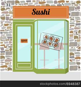Sushi cafe. Fast food bar.. Sushi cafe. Fast food bar. Sticker on window. Stone facade. Vector illustration
