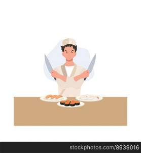 Sushi chef working in a restaurant is cooking Asian restaurant dish. Culinary professional preparing Japanese food, Flat vector illustration.