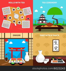 Sushi design concept set with rolls and tea ceremony flat icons isolated vector illustration. Sushi Concept Set