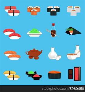 Sushi flat icons set with seafood and japanese cuisine food isolated vector illustration. Sushi Icons Set