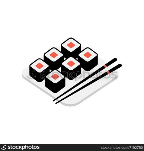 Sushi flat in japanese style on red background. Restaurant menu. Isometric vector illustration.