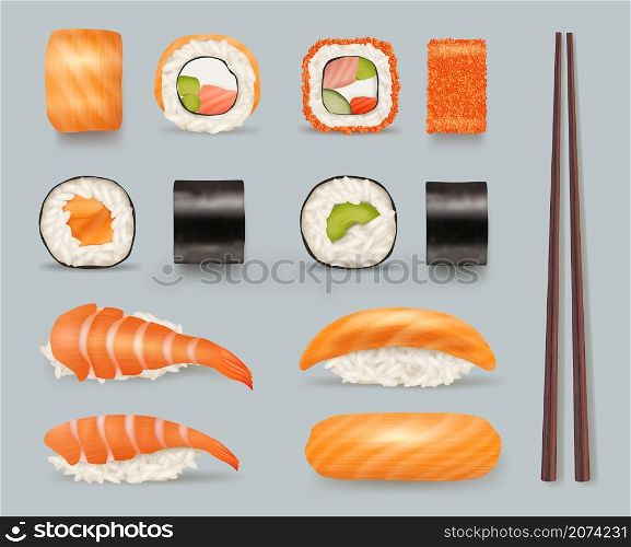 Sushi food. Delicious asian seaweed products from fish rolls with rice and soy sauce asian cousine chopsticks decent vector realistic pictures template. Illustration sushi and seafood, asian seaweed. Sushi food. Delicious asian seaweed products from fish rolls with rice and soy sauce asian cousine chopsticks decent vector realistic pictures template