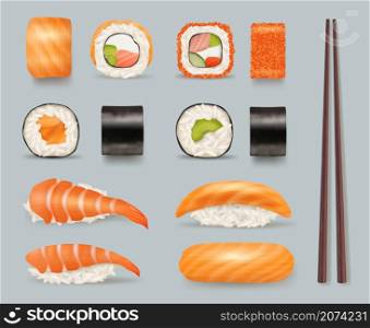 Sushi food. Delicious asian seaweed products from fish rolls with rice and soy sauce asian cousine chopsticks decent vector realistic pictures template. Illustration sushi and seafood, asian seaweed. Sushi food. Delicious asian seaweed products from fish rolls with rice and soy sauce asian cousine chopsticks decent vector realistic pictures template