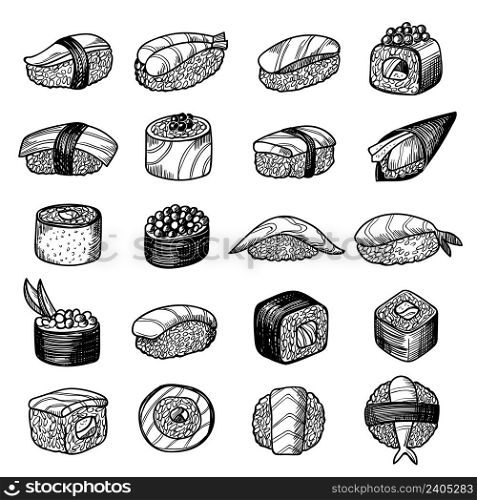 Sushi food. Natural asian cuisine rolls and sushi wasabi rice sauce different products from fish recent vector hand drawn japan products. Illustration of sushi and roll japanese, seafood menu. Sushi food. Natural asian cuisine rolls and sushi wasabi rice sauce different products from fish recent vector hand drawn japan products