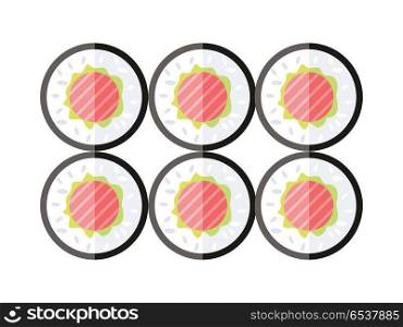 Sushi Illustration. Flat Design. Japan Food Vector. Sushi Illustration. Flat design. Traditional japan food concept. Snack with rice and salmon fish illustration for restaurant, cafe, bar menu, icons, web design. Isolated on white background.