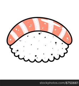 Sushi in cartoon style. Cute nigiri with salmon for menu. Flat asian food illustration