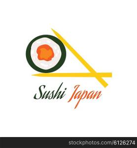 Sushi japan logo flat style design. Restaurant japanese, asian food, rice and seafood, fish sushi, asia dinner, fresh sushi and chopstick, oriental lunch logo vector illustration