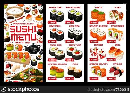 Sushi Japanese bar and Asian restaurant menu price. Vector Japan food fish maki, salmon California sushi and seafood or tuna rolls menu set, rice, wasabi with ginger and Japanese chopsticks. Asian sushi food, Japanese rolls price menu