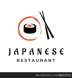 Sushi logo template.Seafood or traditional japanese cuisine with salmon, delicious food.Logo for Japanese restaurant, bar, sushi shop.