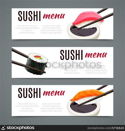 Sushi menu banners horizontal with salmon roll and chopsticks isolated vector illustration