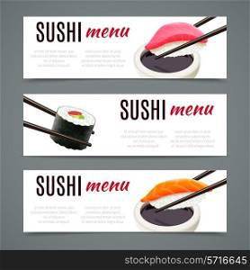 Sushi menu banners horizontal with salmon roll and chopsticks isolated vector illustration