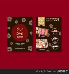Sushi menu collection design with sakura background and food  watercolor graphic illustration. 