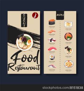 Sushi menu for caf  and restaurant. Design template with watercolor graphic illustrations.